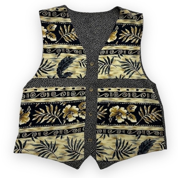 Vintage Reversible Blue Beige Patterned Vest Women’s Size Medium Stripe Tropical - Picture 1 of 15